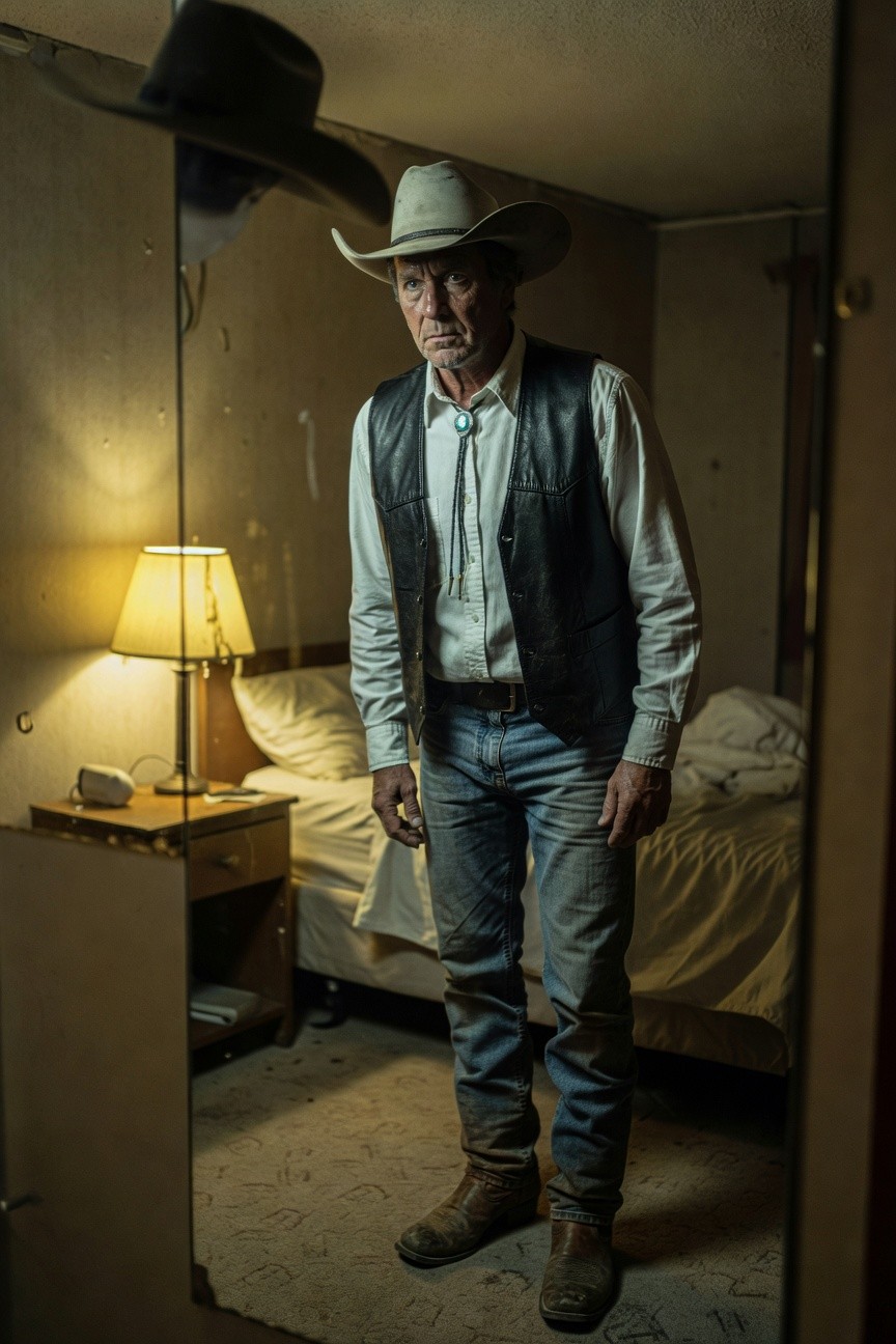 Older cowboy in cream hat, white shirt under black vest with turquoise bolo tie, faded blue jeans, and brown boots, standing in dimly lit bedroom mirror reflection