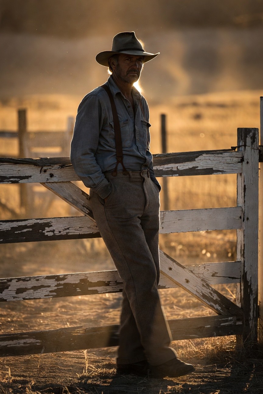 Man wearing a blue chambray button-down shirt with matching suspenders over khaki straight-leg pants, wide-brim cowboy hat, and leather boots, leaning casually on a wooden fence