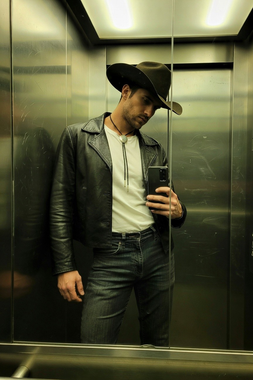 Man in elevator mirror selfie wearing brown cowboy hat, black leather jacket over white t-shirt with bolo tie, dark slim jeans, holding phone