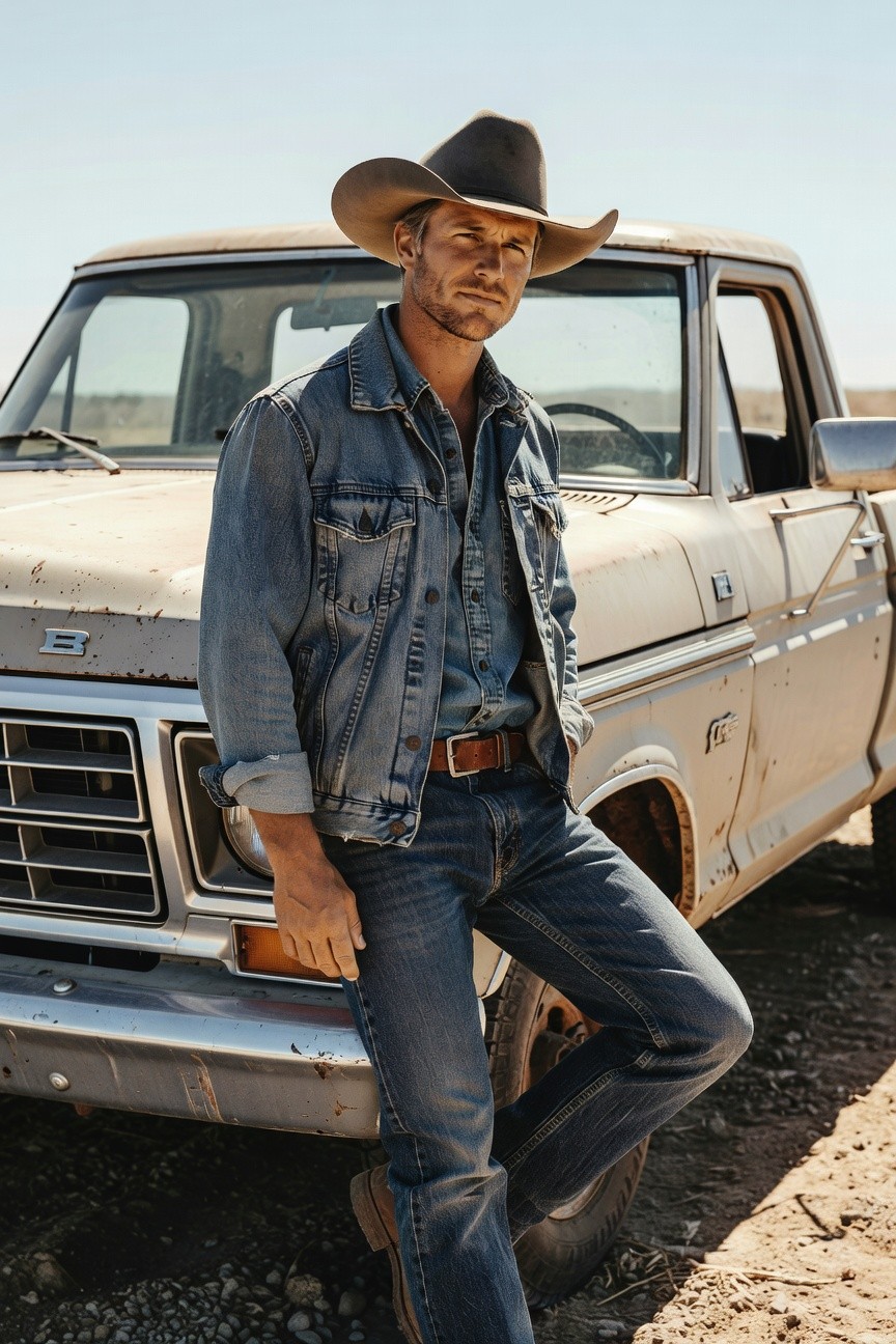 Man in faded denim jacket over chambray shirt, slim blue jeans, brown leather belt, cowboy hat, and boots, leaning casually