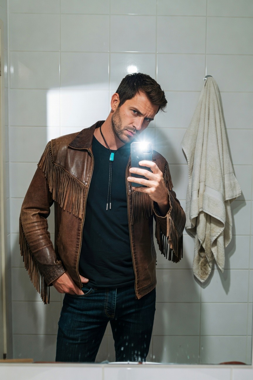 Man in brown fringed leather jacket over black t-shirt with turquoise bolo tie and dark jeans, mirror selfie in white tiled bathroom with towel on hook.