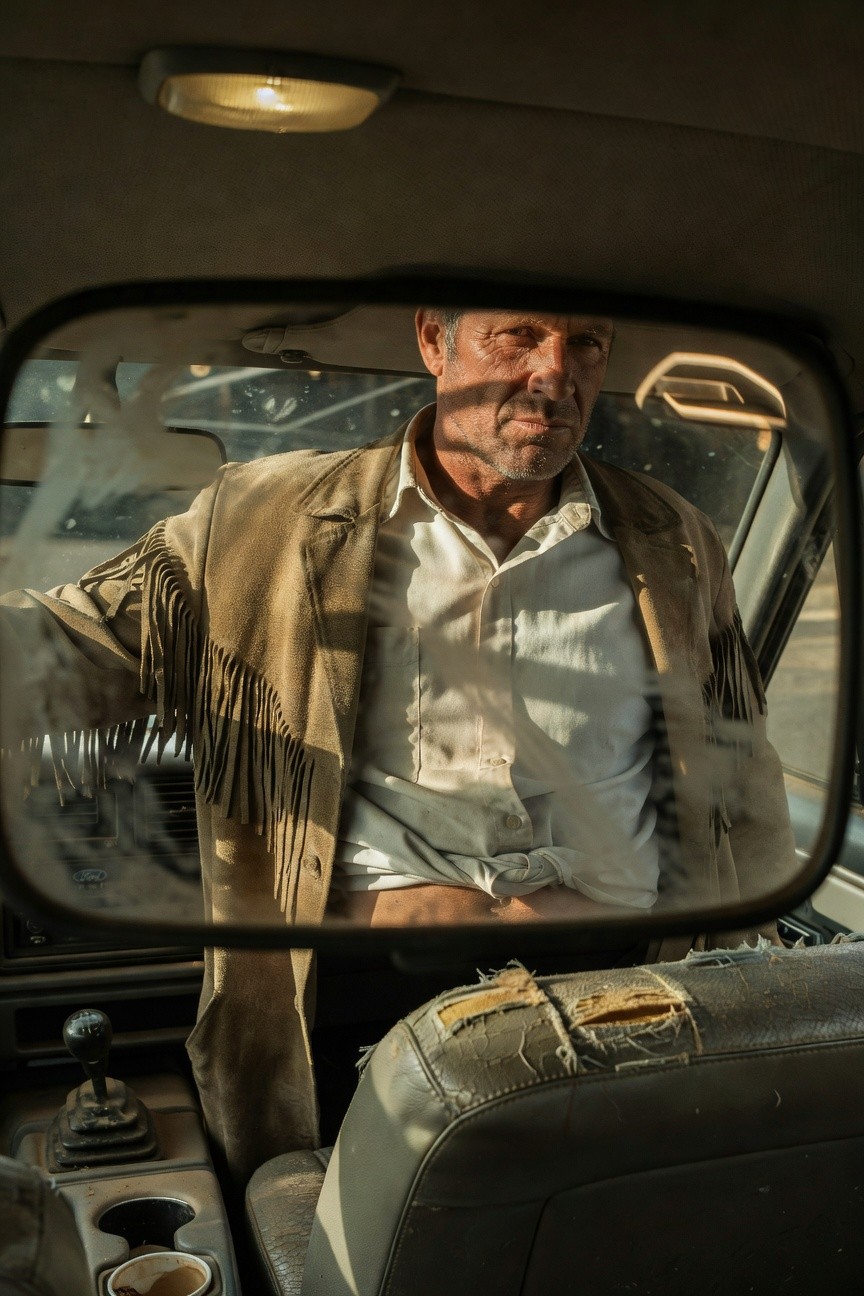 Close-up view through a truck rearview mirror of a man wearing a tan fringed suede jacket over a white button-up shirt, seated in a worn driver's seat with fringe details visible on sleeves and hem