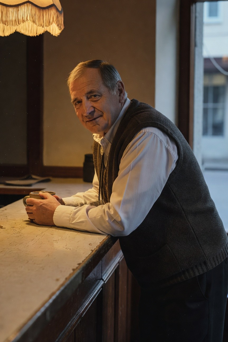 Older man in gray knitted vest over white collared shirt and black pants, leaning casually with hands around a cup on a wooden bar surface