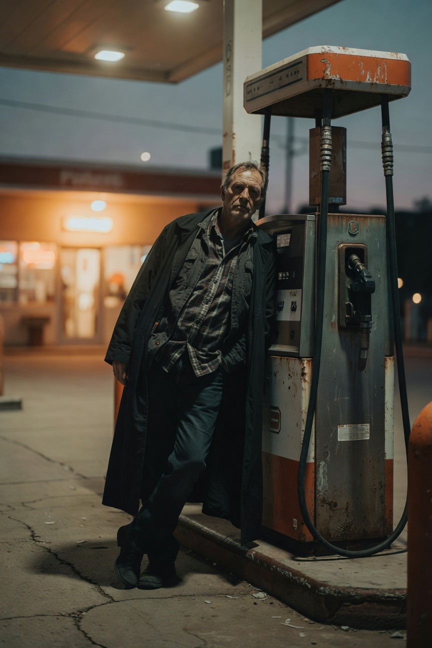 Man in long dark open coat over plaid shirt, dark pants, and boots, leaning casually at a vintage gas pump under evening lights, evoking rugged Old West cowboy style