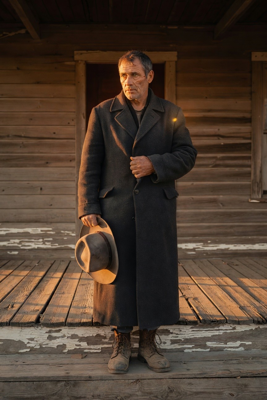 Man in long dark wool overcoat holding tan felt cowboy hat, standing in dark pants and tan boots on wooden porch, evoking Old West style
