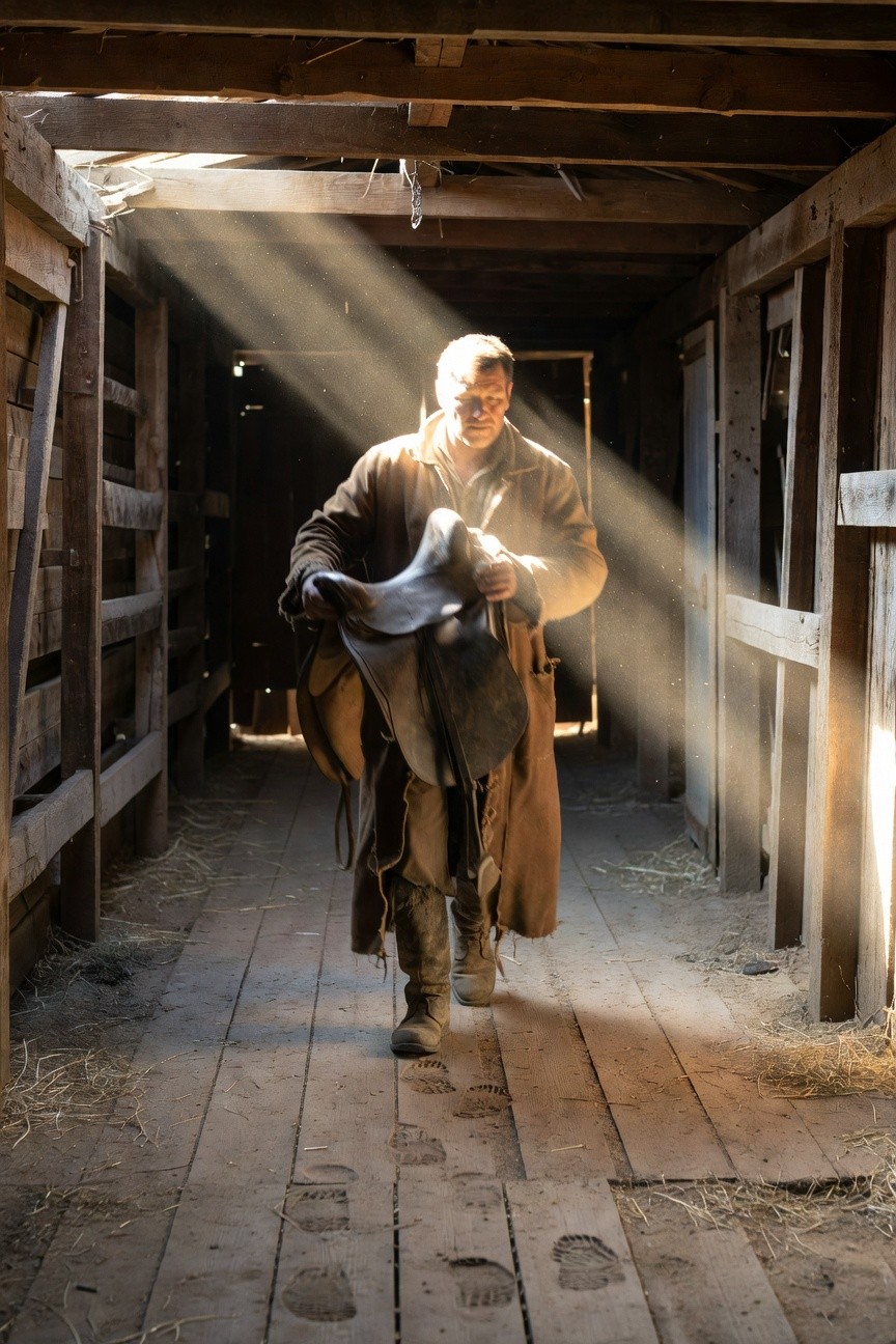 Man in long tan duster coat carrying dark leather saddle over shoulder, wearing leather chaps, brown boots, and glasses while walking in wooden stable aisle