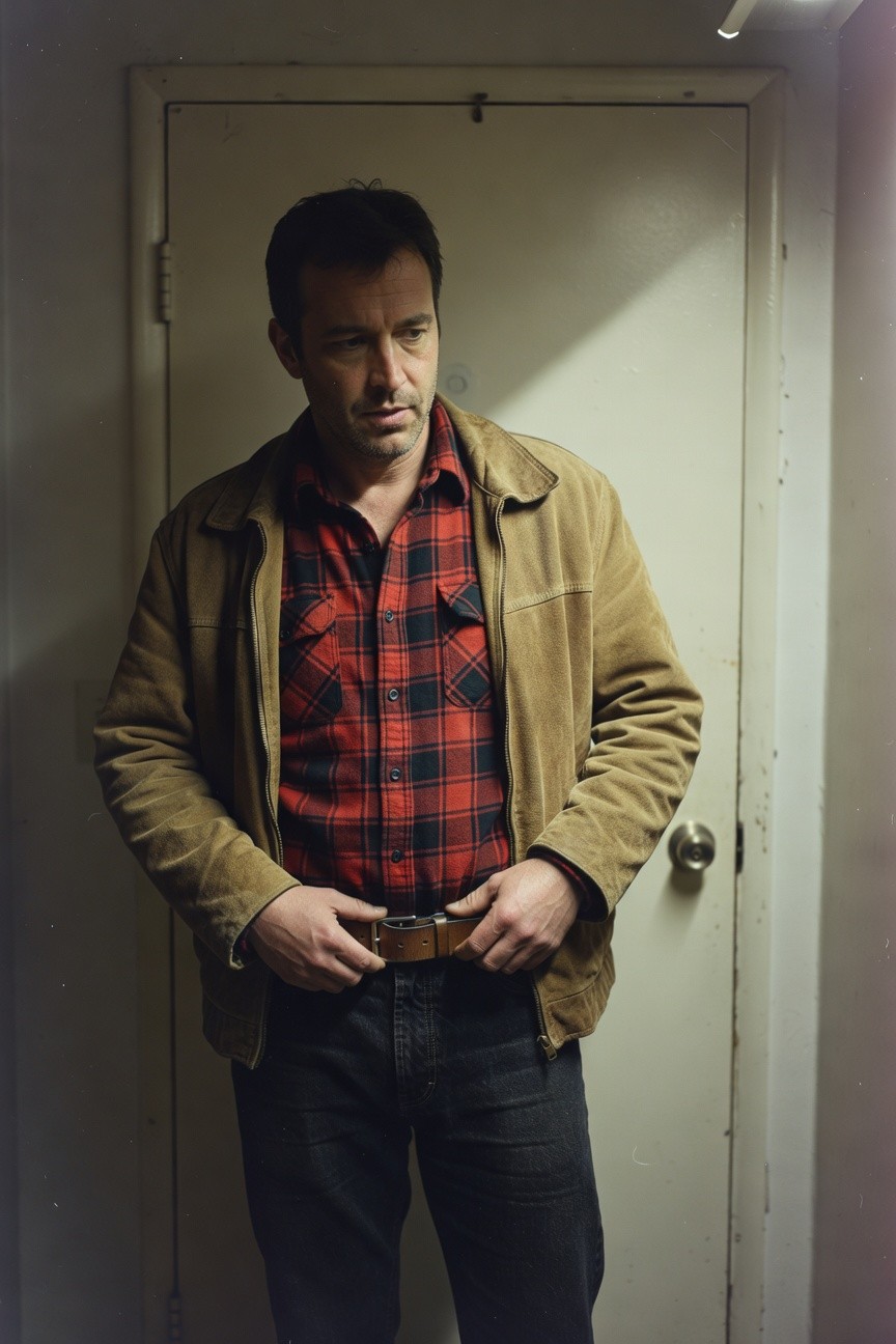 Man in tan suede jacket over red-and-black plaid flannel shirt, dark jeans, and brown belt, standing confidently by a plain door