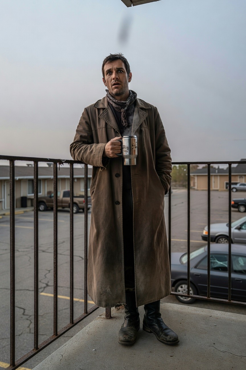 Man in a long worn beige-brown trench coat open over a scarf, dark pants, and black boots, standing on a balcony holding a metal mug