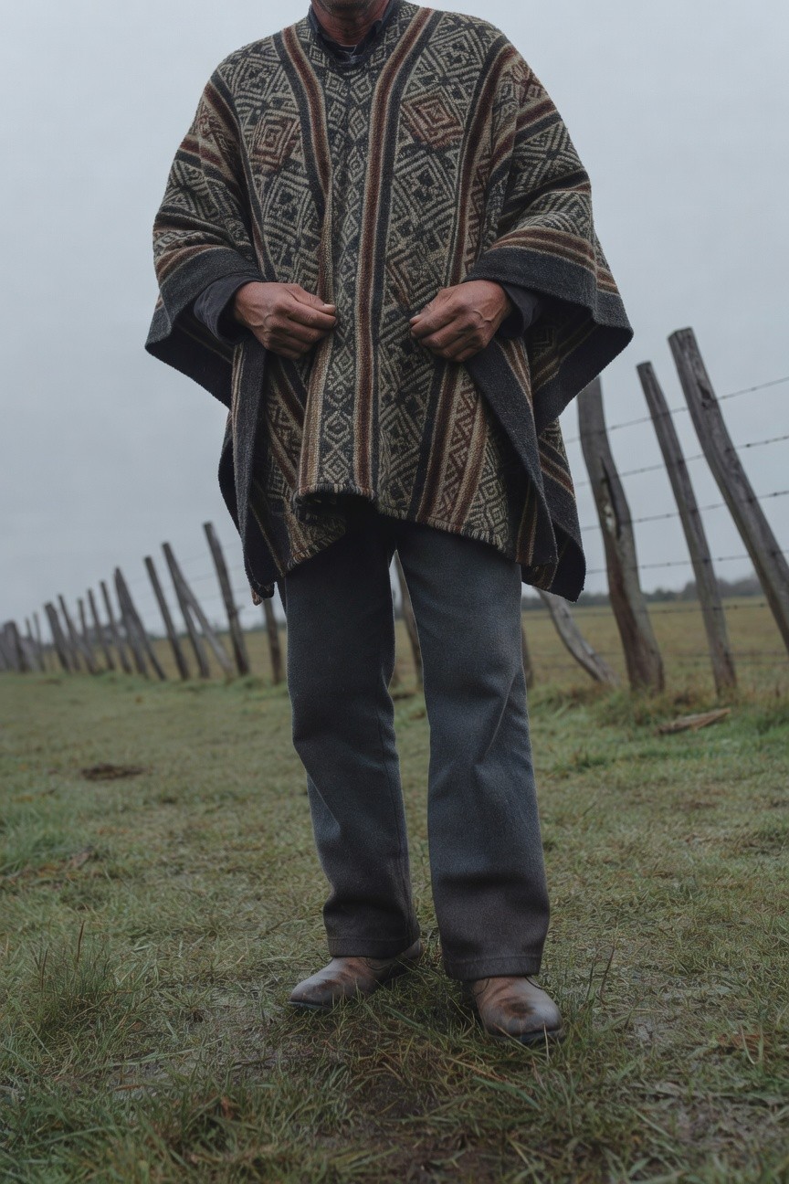 Man in a fringed woven poncho with geometric brown, black, and cream patterns over a collared shirt, gray trousers, and brown leather shoes, standing frontally in a field