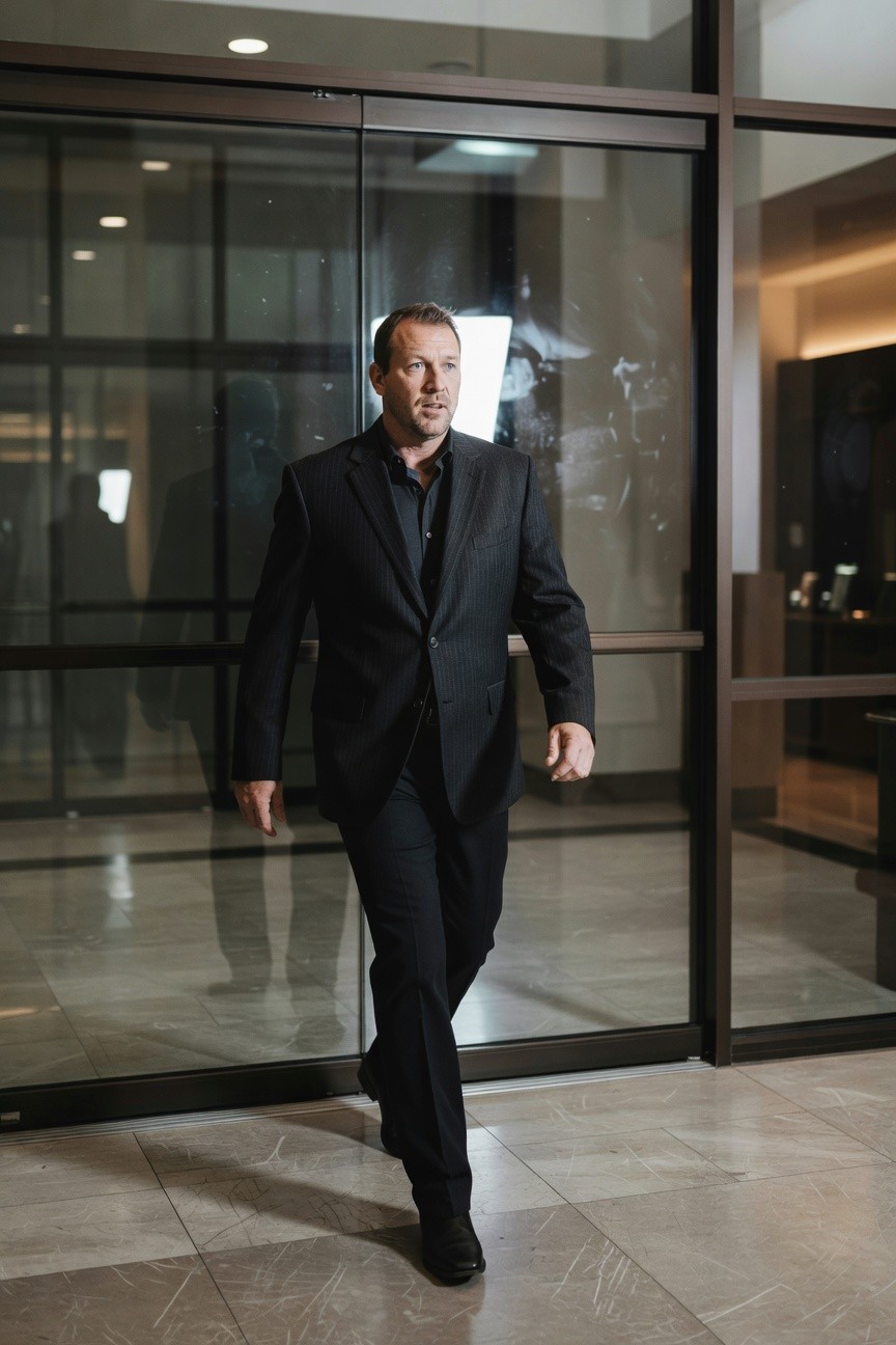 Man in slim black suit jacket, black dress shirt, black trousers, and black dress shoes walking confidently toward glass doors in a modern lobby