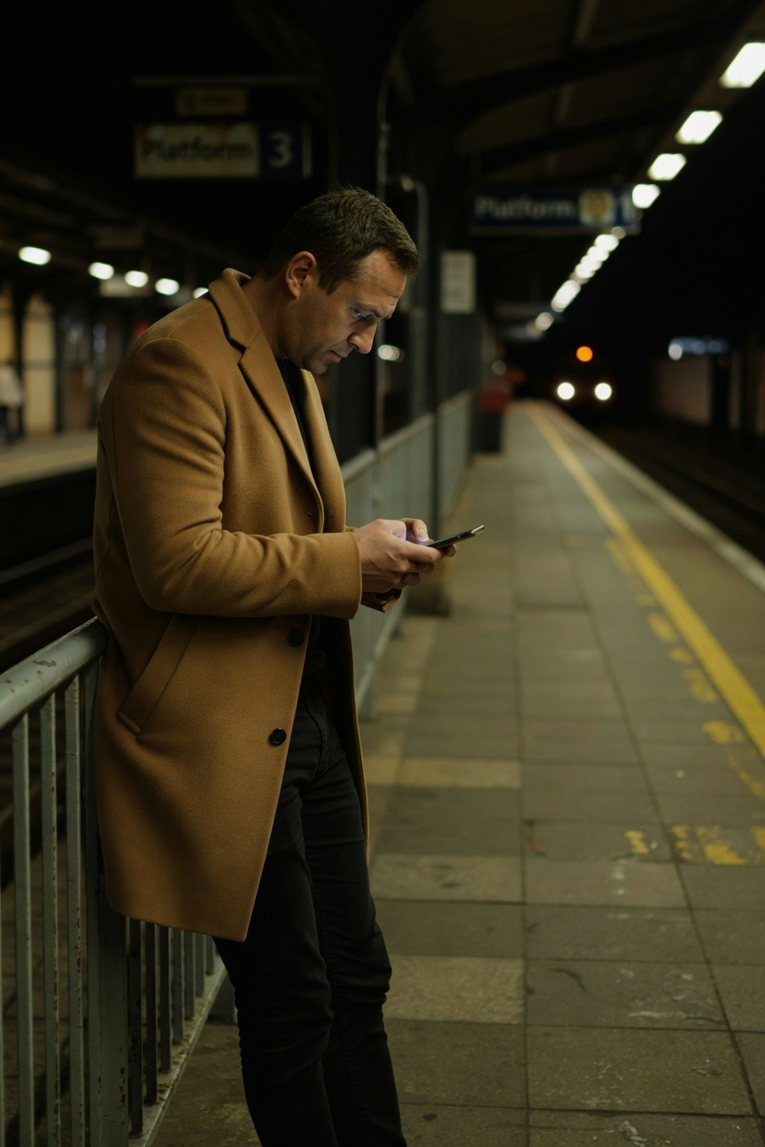 Man in long camel overcoat over dark shirt and slim black trousers standing at edge of train platform holding phone, side profile view