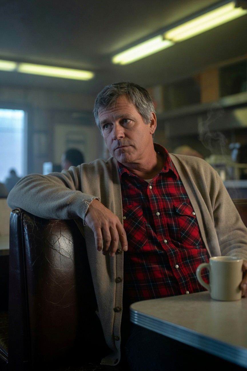 Man in beige open cardigan over red plaid shirt, seated at diner booth holding coffee mug, graying hair and thoughtful expression