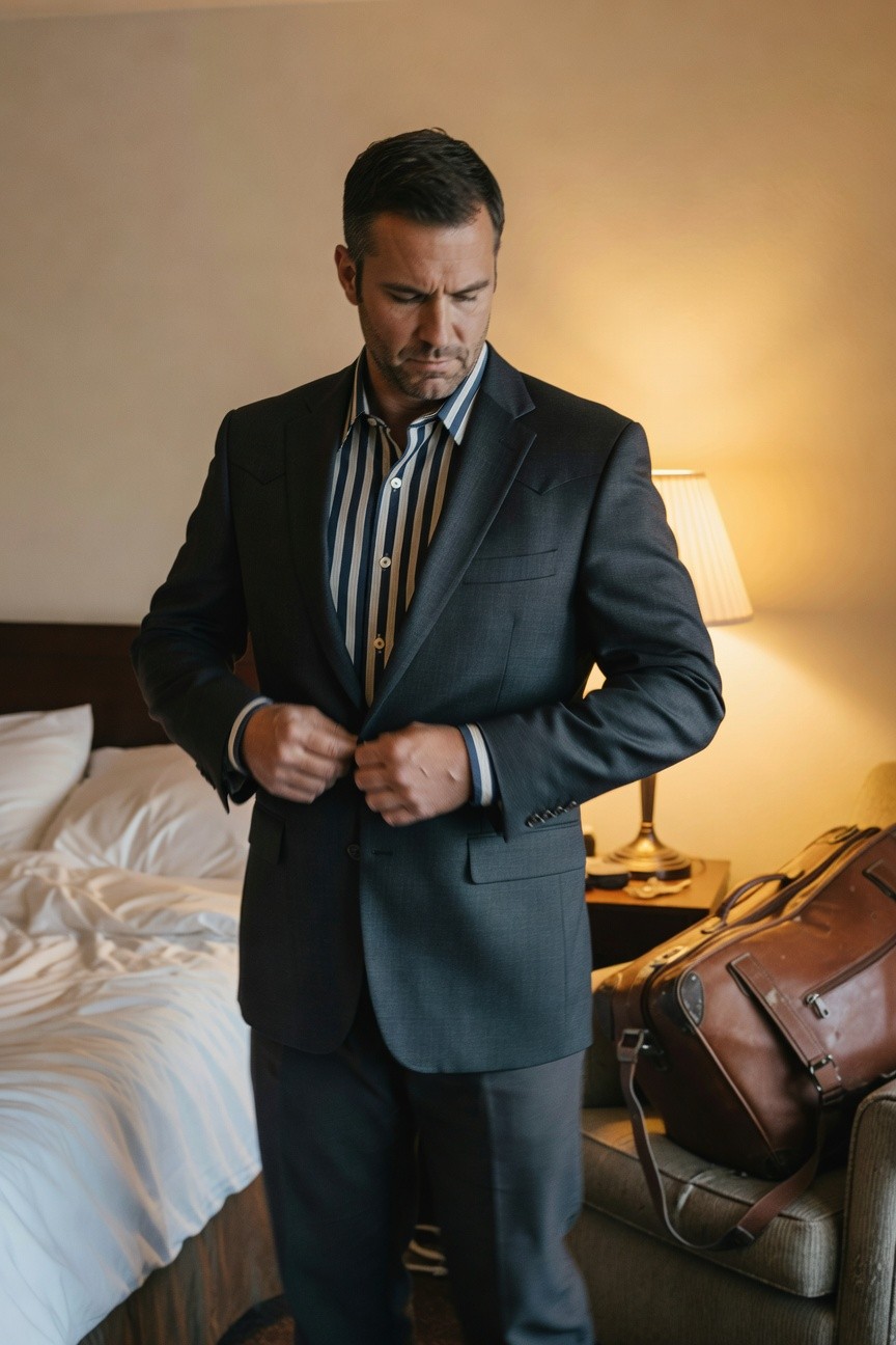 Man in charcoal suit jacket and matching pants buttoning the front over a white striped dress shirt, standing in a hotel room with bed and leather suitcase nearby