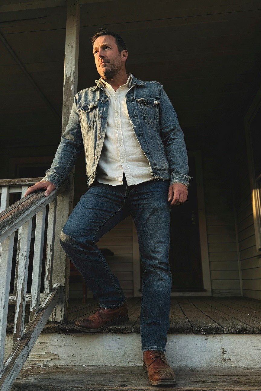 Man in light wash denim jacket over white button-up shirt, dark jeans, and brown leather boots, leaning casually on a porch railing