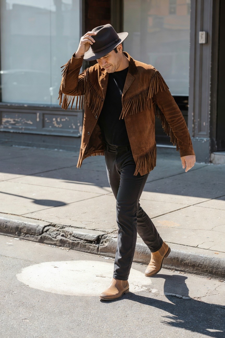 Man in rust suede fringed jacket over black shirt and slim black pants with tan boots and gray fedora walking on sidewalk