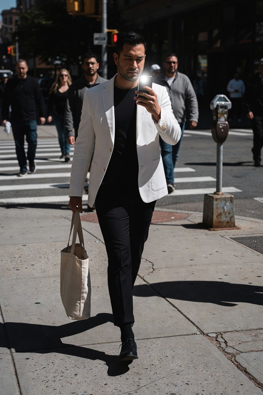 Man in open white blazer over black t-shirt, slim black pants, black shoes, holding phone and beige canvas tote bag while crossing urban street in sunlight amid pedestrians