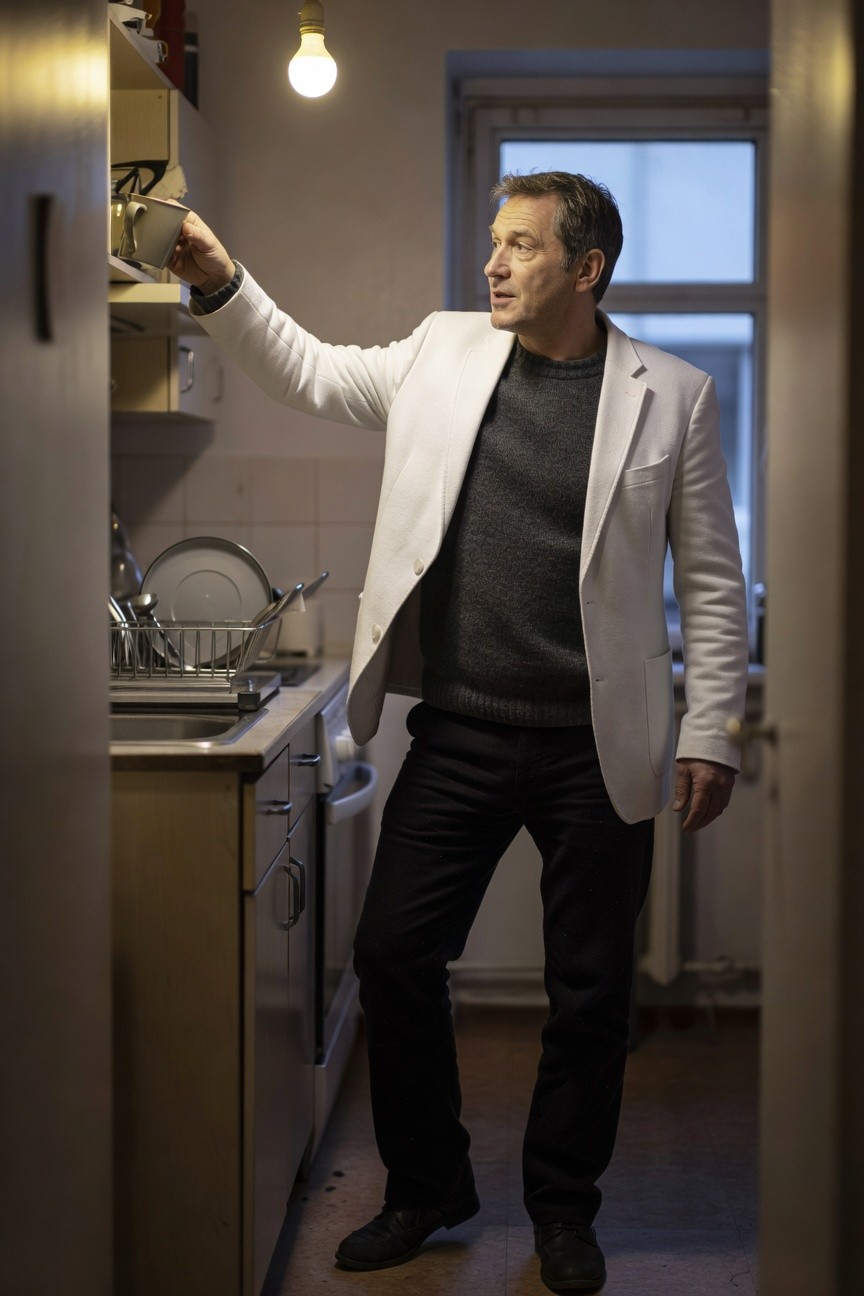Kitchen Reach in Refined White Blazer and Black Trousers