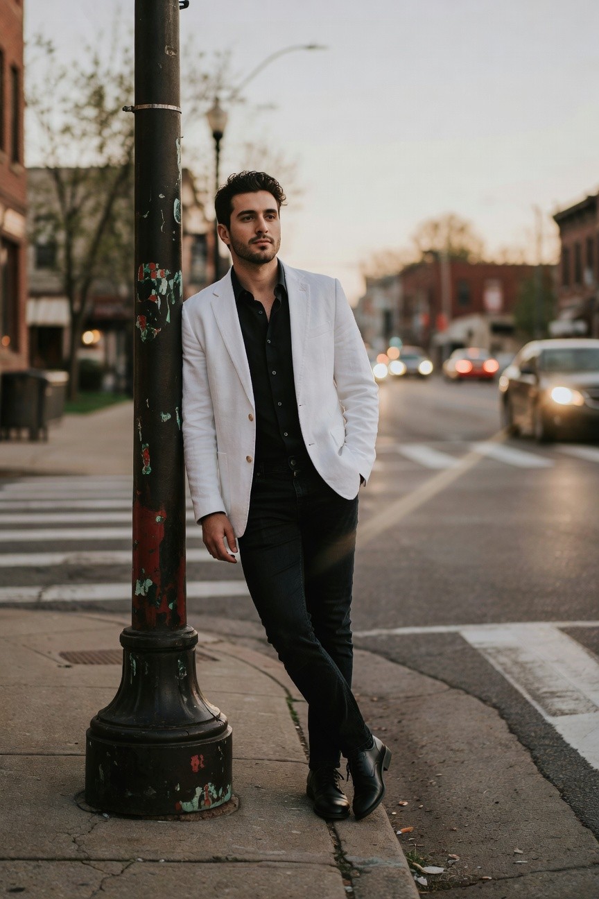 A handsome man with dark curly hair leans casually against a black streetlamp pole at dusk, wearing an open white blazer over a black shirt, slim black pants, and black leather boots, with urban street and traffic in the background