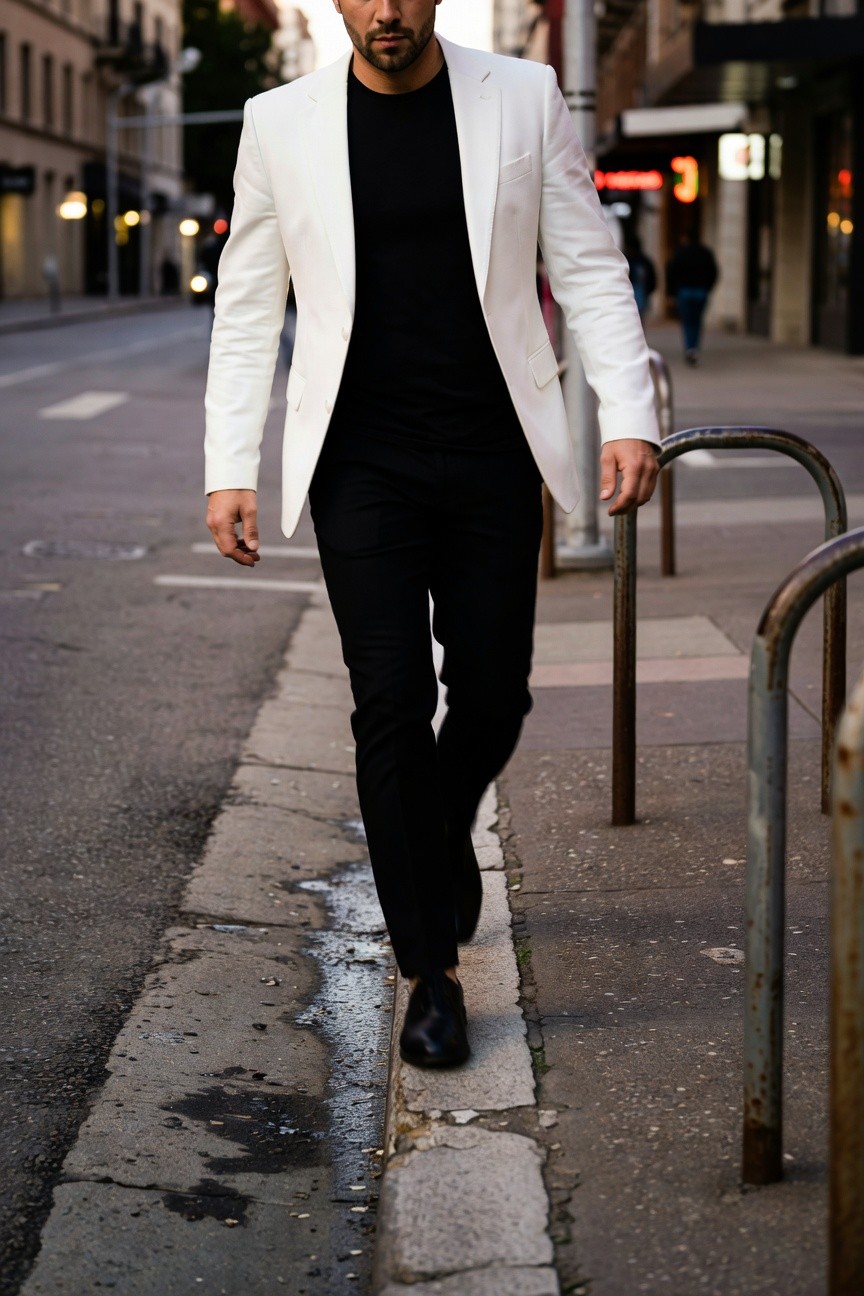 A stylish man in a crisp white blazer over black t-shirt, slim black pants, and black loafers walks confidently down a sunlit urban street with parked cars and bike racks nearby