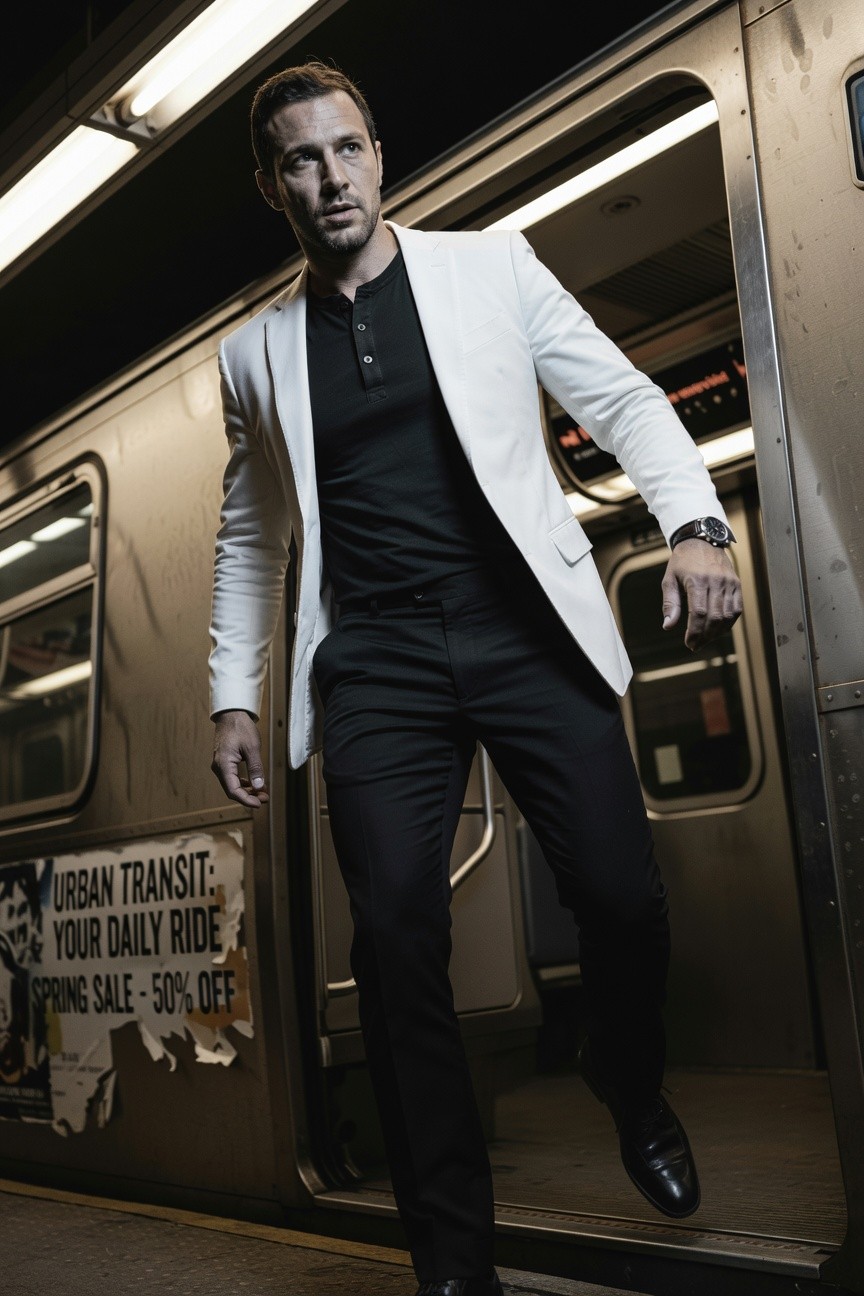 A sharply dressed man in a white blazer over black top and black pants strides out of a subway train door at night, fluorescent lights illuminating the urban transit ad in the background