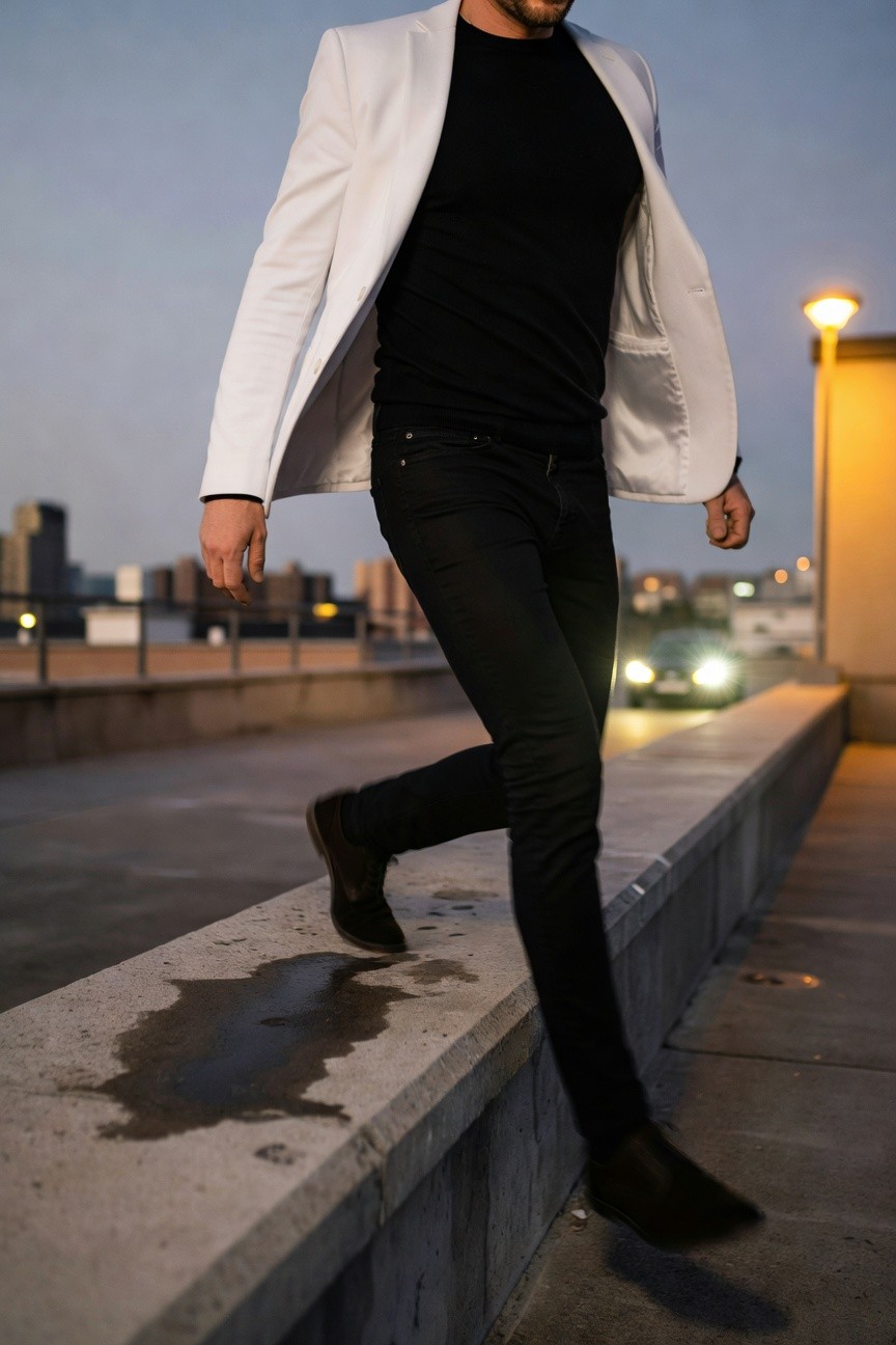 Man striding confidently on an urban bridge at dusk, wearing an open white blazer over black t-shirt, slim black pants, and black shoes, with cityscape and warm lamp glow in background