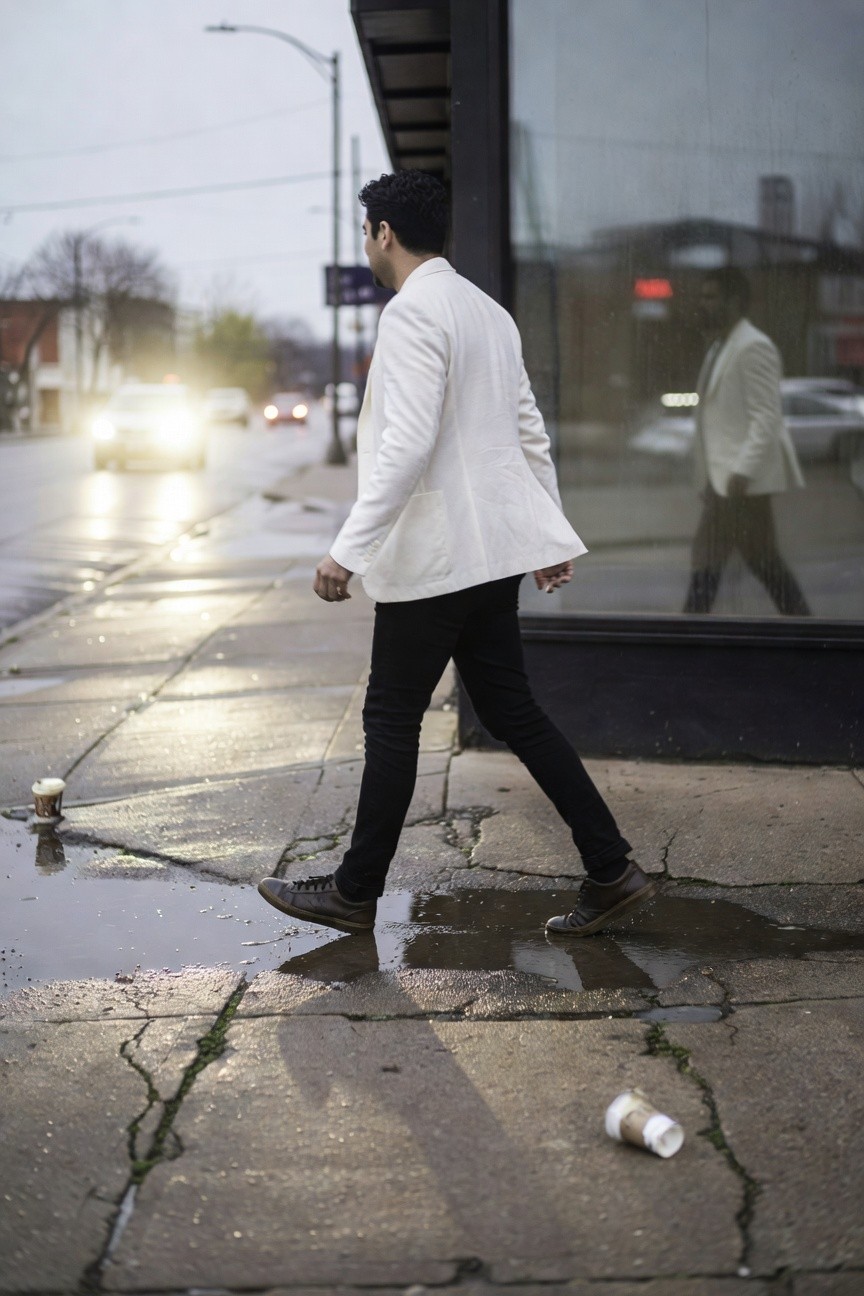 Man in open white blazer over dark shirt black slim pants and brown shoes walking purposefully on rain-slicked urban street at night reflections in puddles neon lights glowing coffee cups discarded nearby