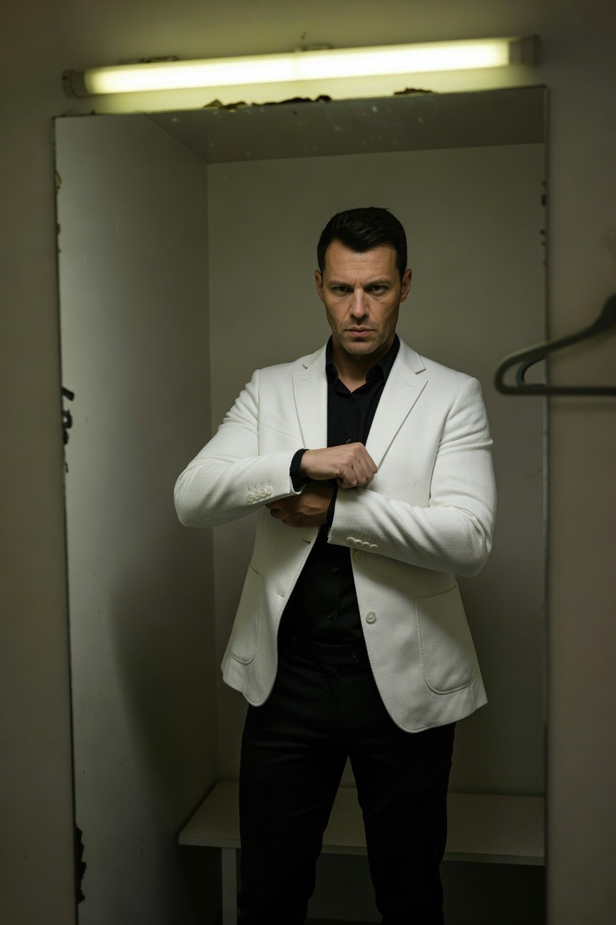 Confident man with short dark hair stands arms crossed in white single-breasted blazer over black shirt and slim black pants inside a lit locker room, fluorescent glow highlighting sharp tailoring