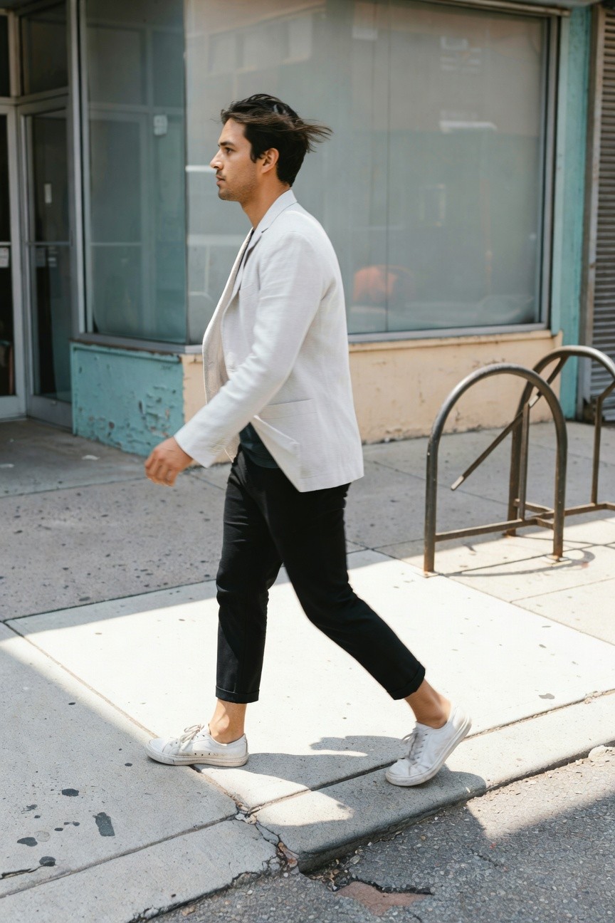 Man in open white linen blazer, black cropped pants, white sneakers, walking confidently on sunny urban sidewalk with storefronts and bike racks nearby