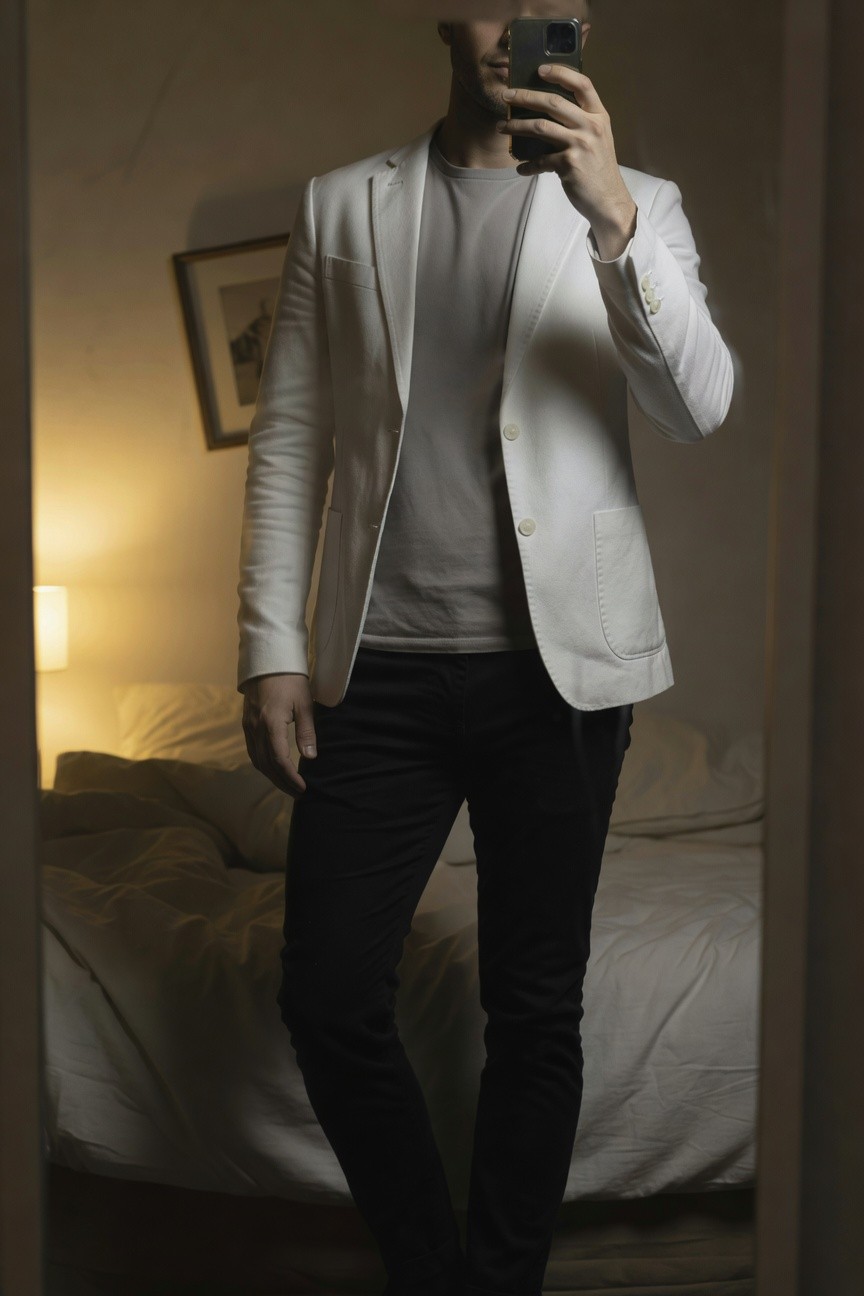 Man taking mirror selfie in softly lit bedroom wearing open white textured blazer over white t-shirt tucked into slim black pants relaxed pose with phone in hand