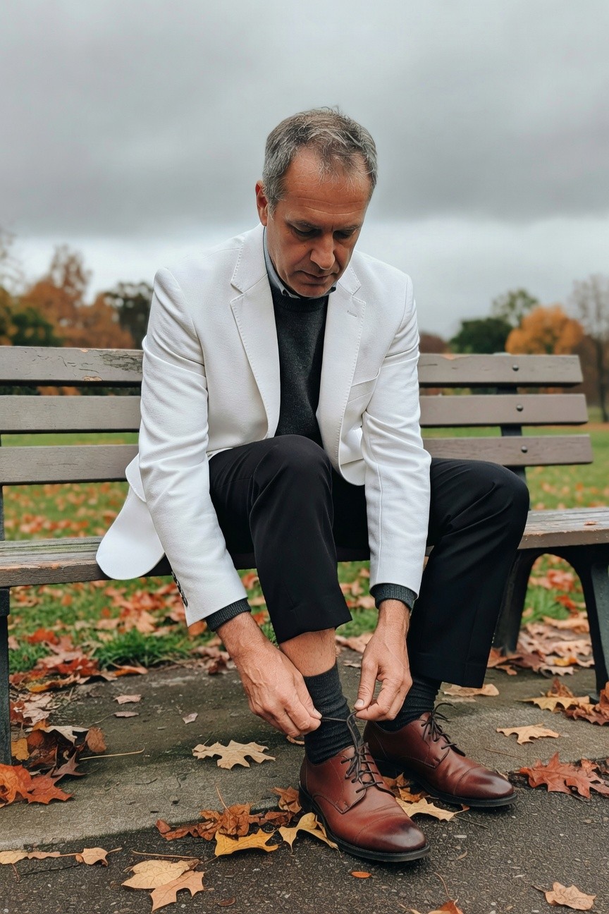 Mature man in white blazer, black turtleneck, black pants, and brown leather shoes sits on wooden park bench tying his shoelace, surrounded by autumn leaves under cloudy sky