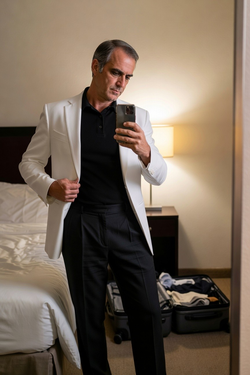 Confident man in open white blazer over black polo shirt and slim black trousers takes a mirror selfie in a softly lit hotel room with bed and open suitcase in background