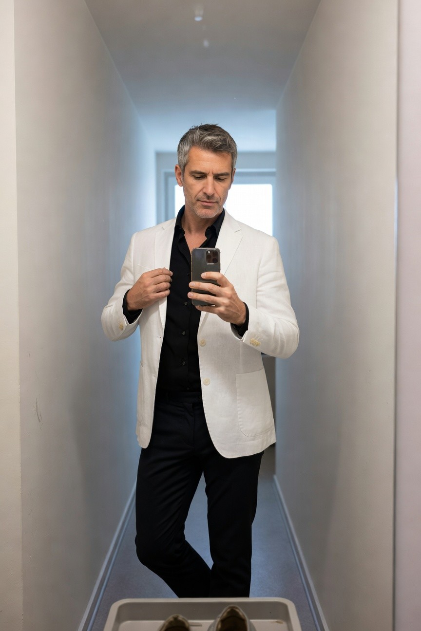 A stylish man in a white blazer over a black open-collar shirt and black pants stands in a narrow white hallway taking a mirror selfie with his phone, black shoes removed nearby on a mat