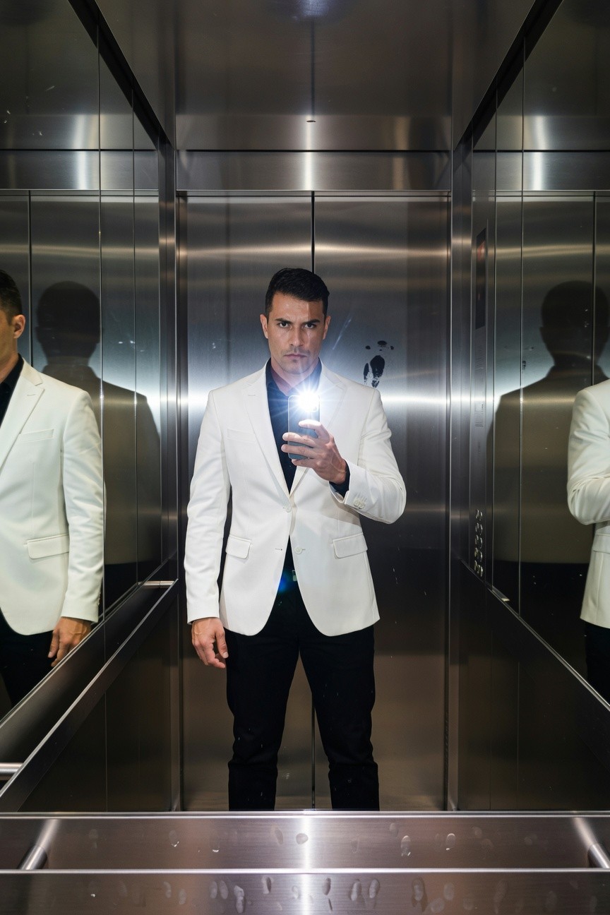 Handsome man in a tailored white blazer, dark shirt, and slim black pants poses confidently with phone flashlight in a mirrored elevator, creating infinite reflections of his sharp outfit
