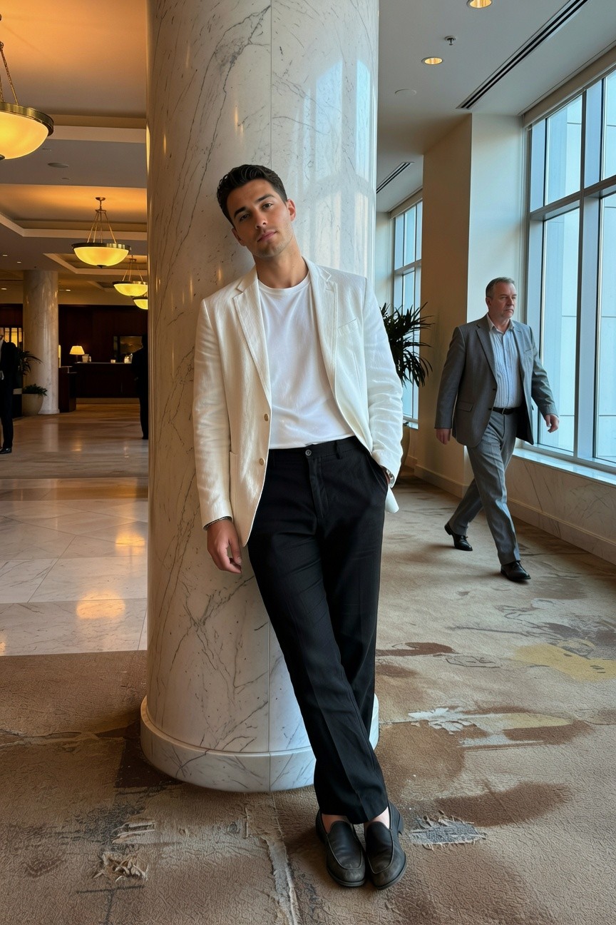A man in a cream white blazer over white t-shirt and black trousers leans casually against a marble pillar in a luxurious hotel lobby with large windows and warm lighting, black loafers on feet, evoking refined casual elegance