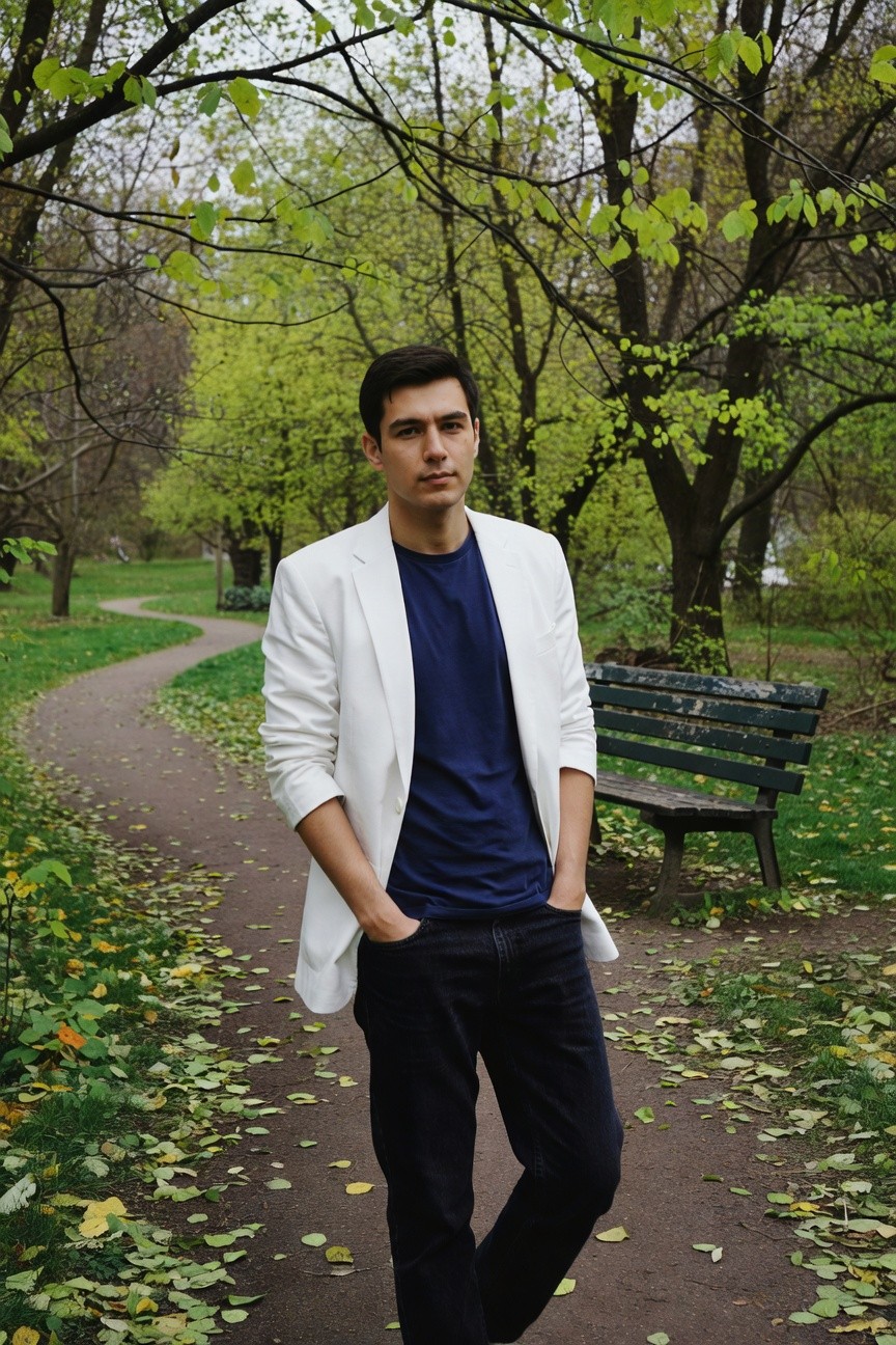 Young man with dark hair poses casually on a tree-lined park path wearing an open white blazer over a navy blue t-shirt tucked into slim black pants, hands in pockets, green bench and yellow flowers in background under cloudy sky