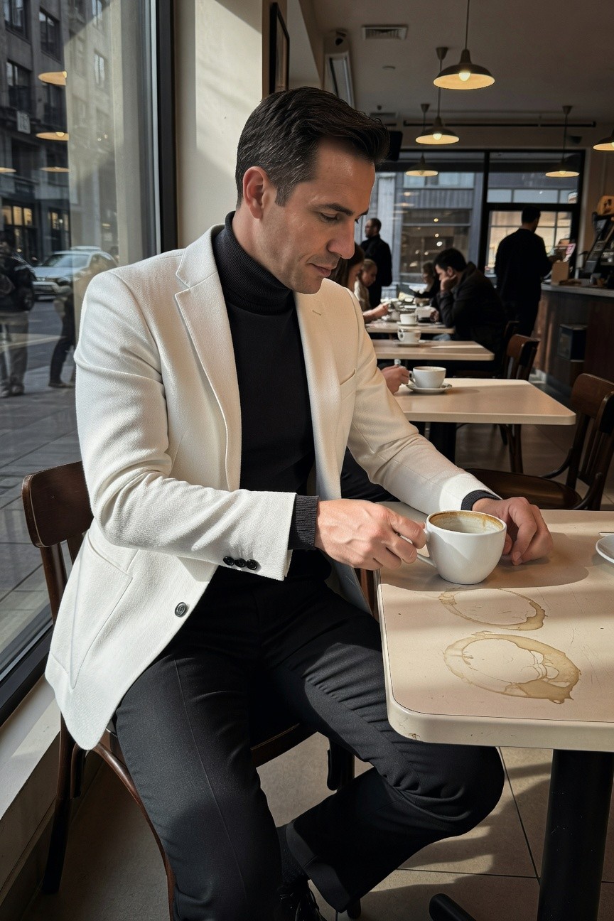 A sharply dressed man in an open white blazer over black turtleneck, slim black pants, and black shoes, seated at a wooden cafe table holding a white coffee cup, with street view through large windows and patrons in background.