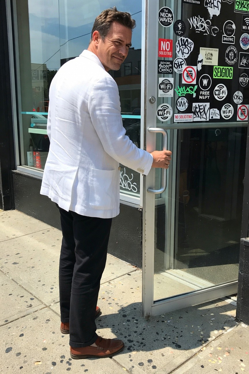 Side view of a man in a white linen blazer, black slim pants, and tan loafers opening a glass door to a sticker-covered shop on a sunny urban sidewalk, holding a drink casually.