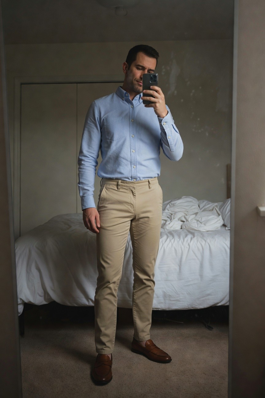 Man in light blue long-sleeve button-up shirt tucked into slim beige chinos, brown loafers, taking a mirror selfie in a bedroom with white bed and closet doors