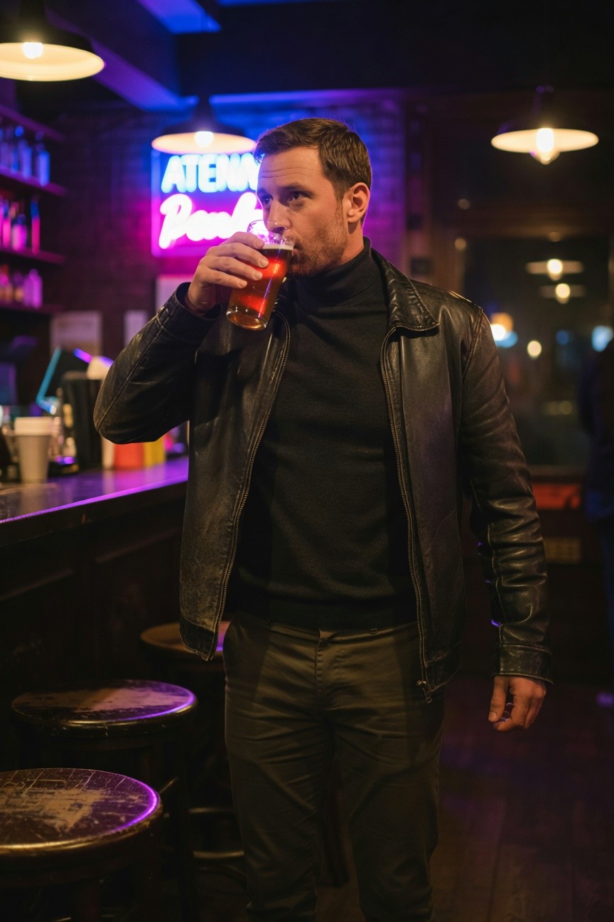 Man in black turtleneck sweater, open black leather jacket, slim dark charcoal chinos, and dark pants standing at neon-lit bar counter holding a glass of amber drink, moody nighttime atmosphere