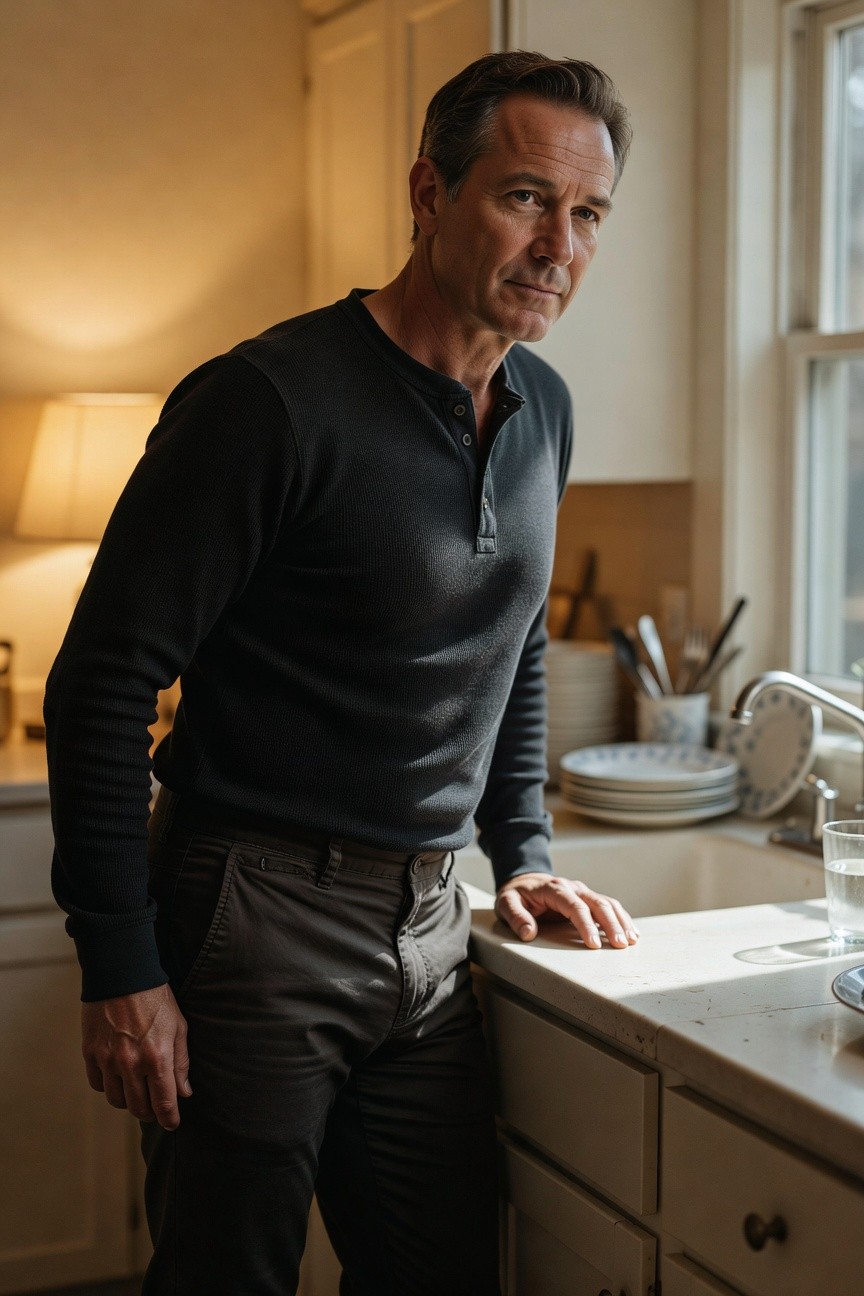 Man in black long-sleeve henley sweater and slim gray chinos leaning thoughtfully against a sunlit kitchen counter near sink with dishes and glass, warm lamp glow in background