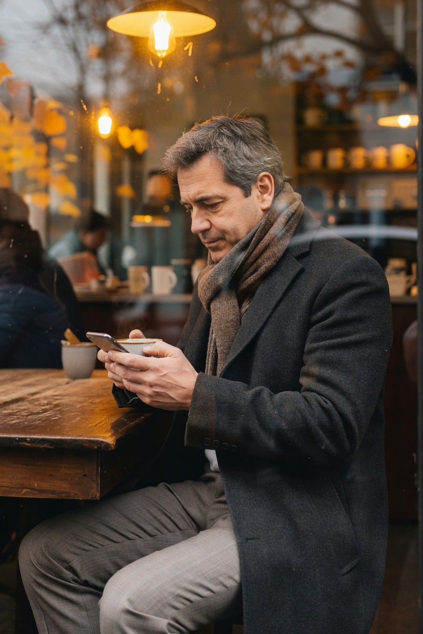 Middle-aged man in slim gray chinos, dark wool overcoat, brown scarf, and light shirt sits at a wooden cafe table holding coffee and phone, golden fall light filtering through windows