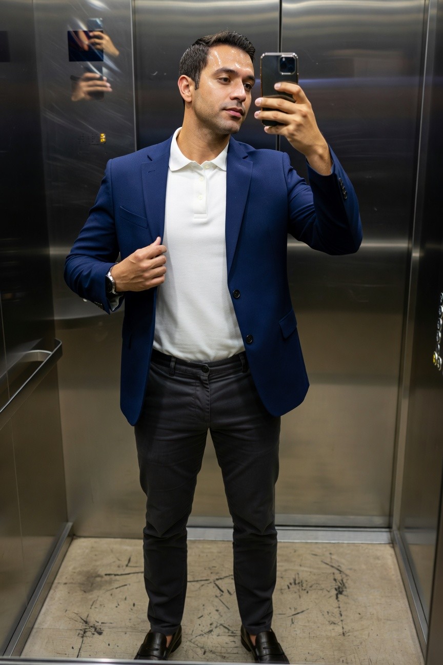 Man in a navy blue blazer, white polo shirt, slim grey chinos, and brown loafers posing confidently in a mirrored elevator selfie, showcasing a smart casual outfit ideal for professional settings