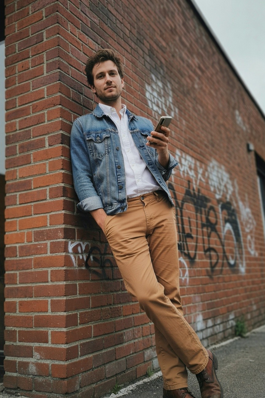Man leaning casually against a graffiti-tagged red brick wall, wearing a light wash denim jacket over a white button-up shirt, slim khaki chinos, and brown leather boots, holding a smartphone.