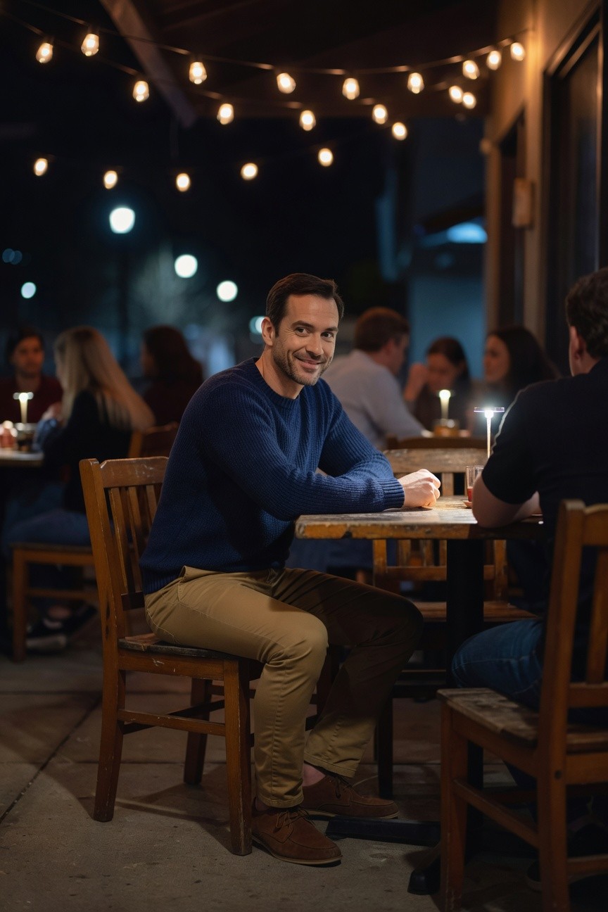 Man in navy blue knit sweater, khaki chino pants, and brown boots sits relaxed at outdoor wooden dinner table under string lights at night, chatting with friends.
