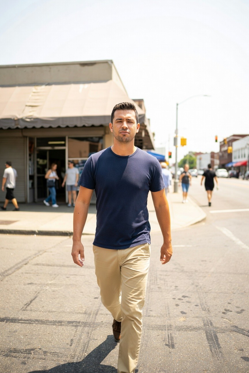 Man in navy t-shirt and khaki chinos walking confidently on sunny urban street with storefronts, pedestrians, and traffic in background