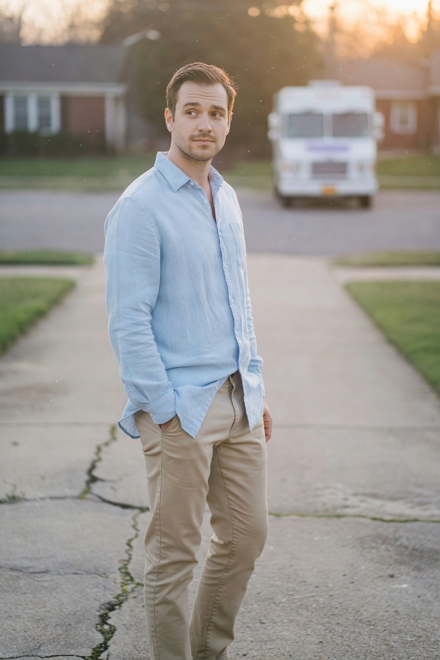 Man in light blue linen shirt and khaki chinos stands casually on a cracked driveway at sunset, with a house and van in the background, evoking relaxed smart style