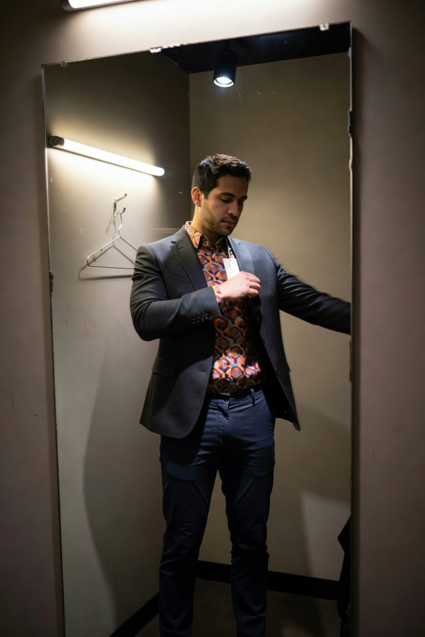 A man in a fitting room mirror selfie wearing slim navy chinos, a colorful orange floral patterned shirt, slim dark gray blazer, and brown watch, posing with hand adjusting shirt collar.