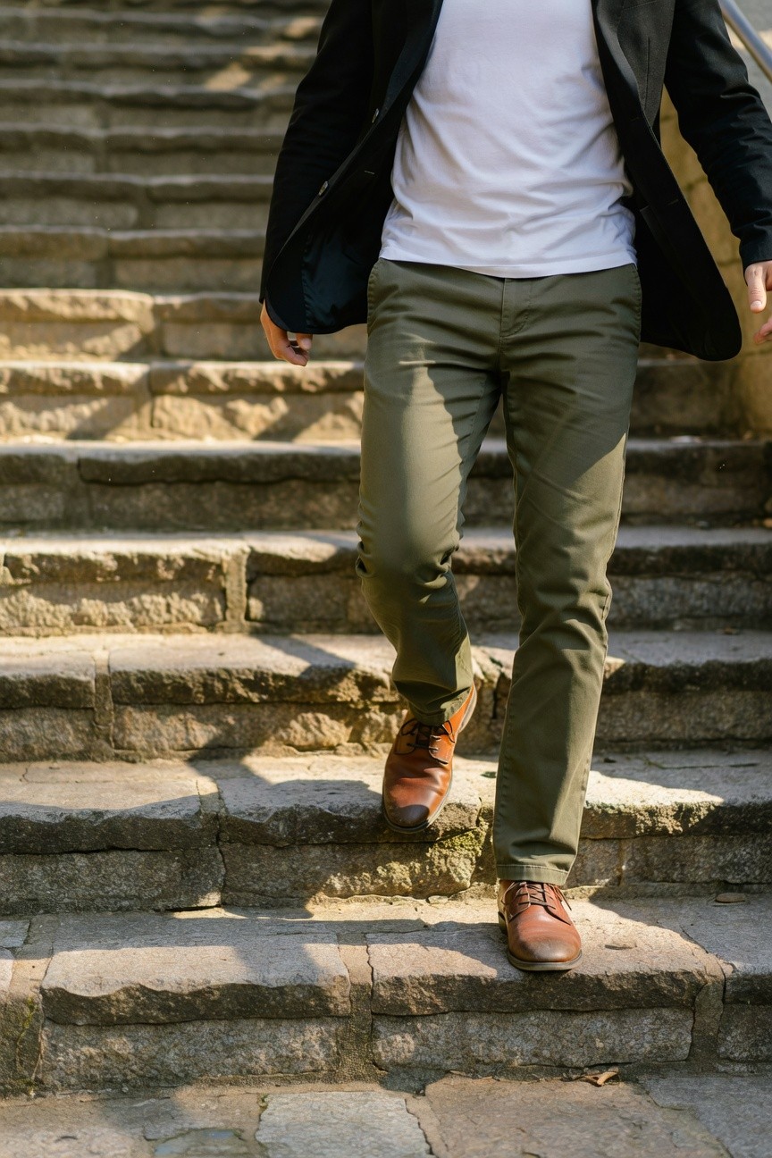 Man ascending sunlit stone stairs in open black blazer over white t-shirt, olive green chinos, and brown leather loafers, evoking crisp casual confidence
