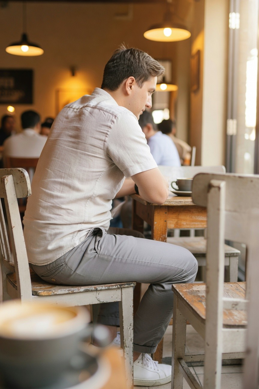 A man sits at a rustic wooden table in a sunlit cafe, wearing a light beige short-sleeve linen shirt, pale gray slim chinos, and white sneakers, holding a cup of cappuccino with a creamy foam top in the foreground