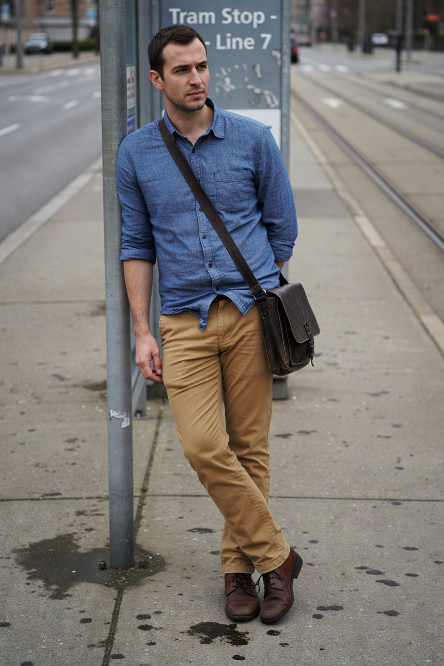 A man leans casually against a tram stop sign wearing a light blue chambray shirt with rolled sleeves, beige khaki chinos, a brown leather messenger bag, and brown leather boots, on a wet urban street with trams in the background.